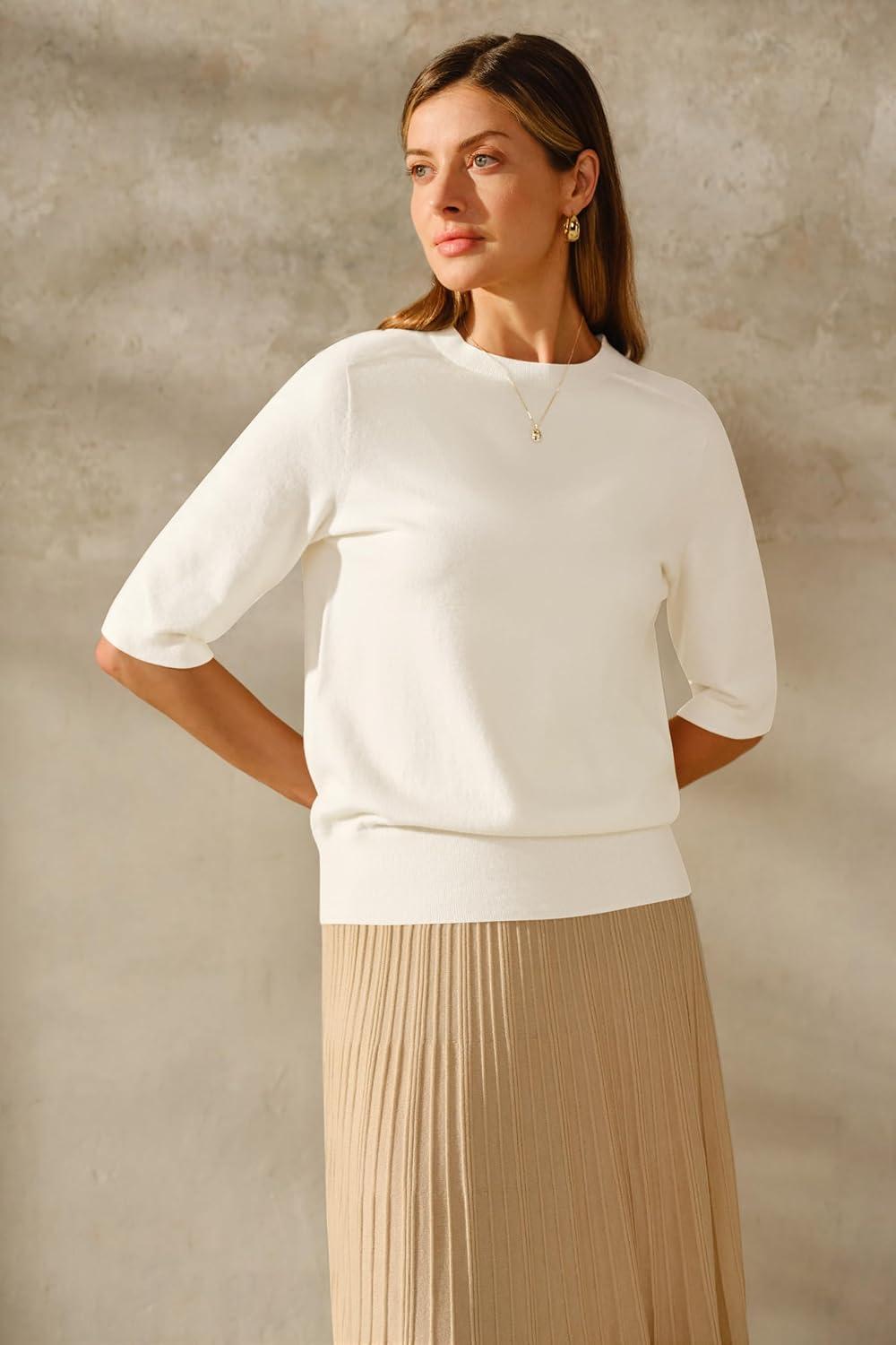 imageArachampampCloz Womens Summer Fall Lightweight Tops Short Sleeve Dressy BlouseZbeige