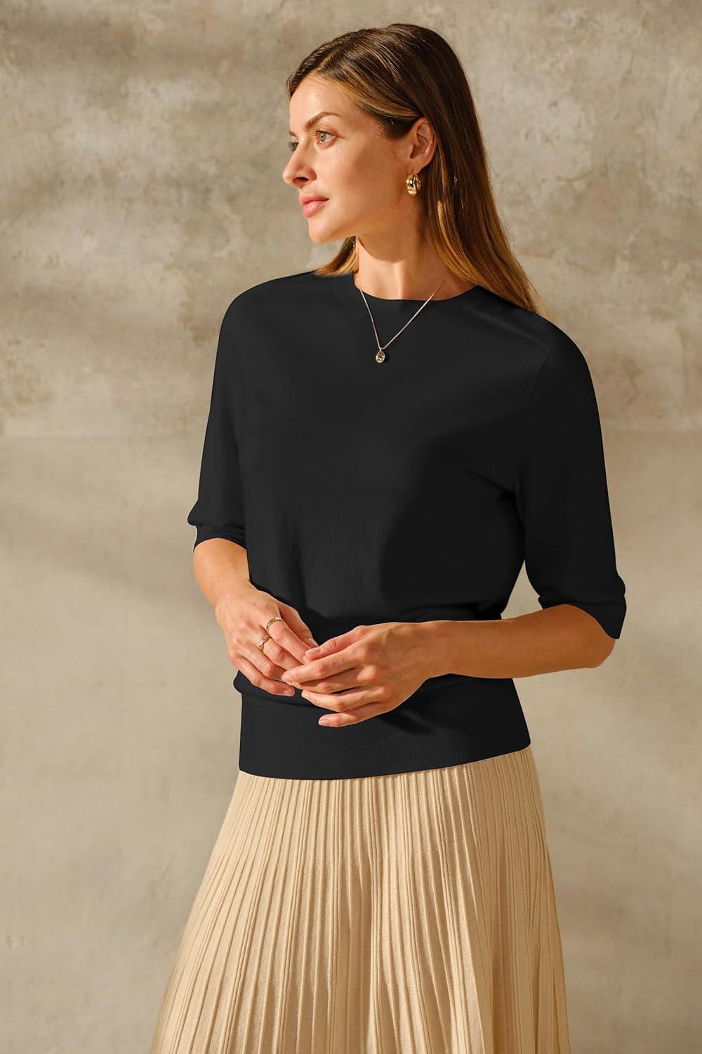 imageArachampampCloz Womens Summer Fall Lightweight Tops Short Sleeve Dressy BlouseZblack