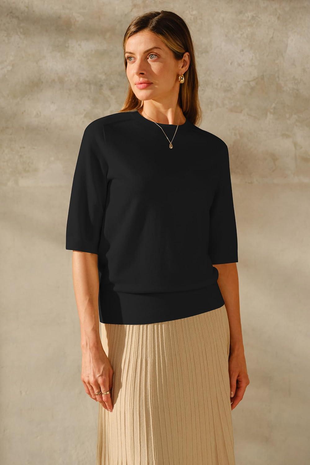 imageArachampampCloz Womens Summer Fall Lightweight Tops Short Sleeve Dressy BlouseZblack