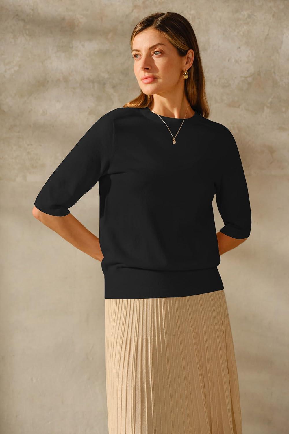 imageArachampampCloz Womens Summer Fall Lightweight Tops Short Sleeve Dressy BlouseZblack