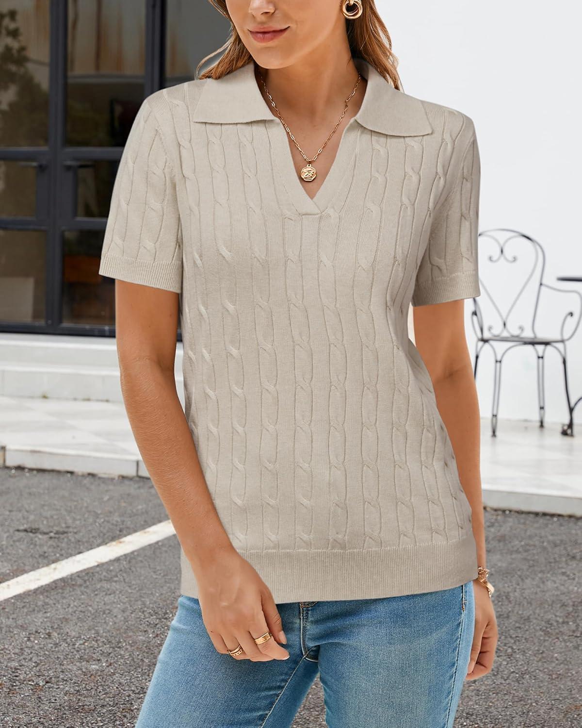 imageArachampampCloz Womens Wool Blend Summer Fall Tops Business Casual Polo Shirts 2025Cable Knitapricot