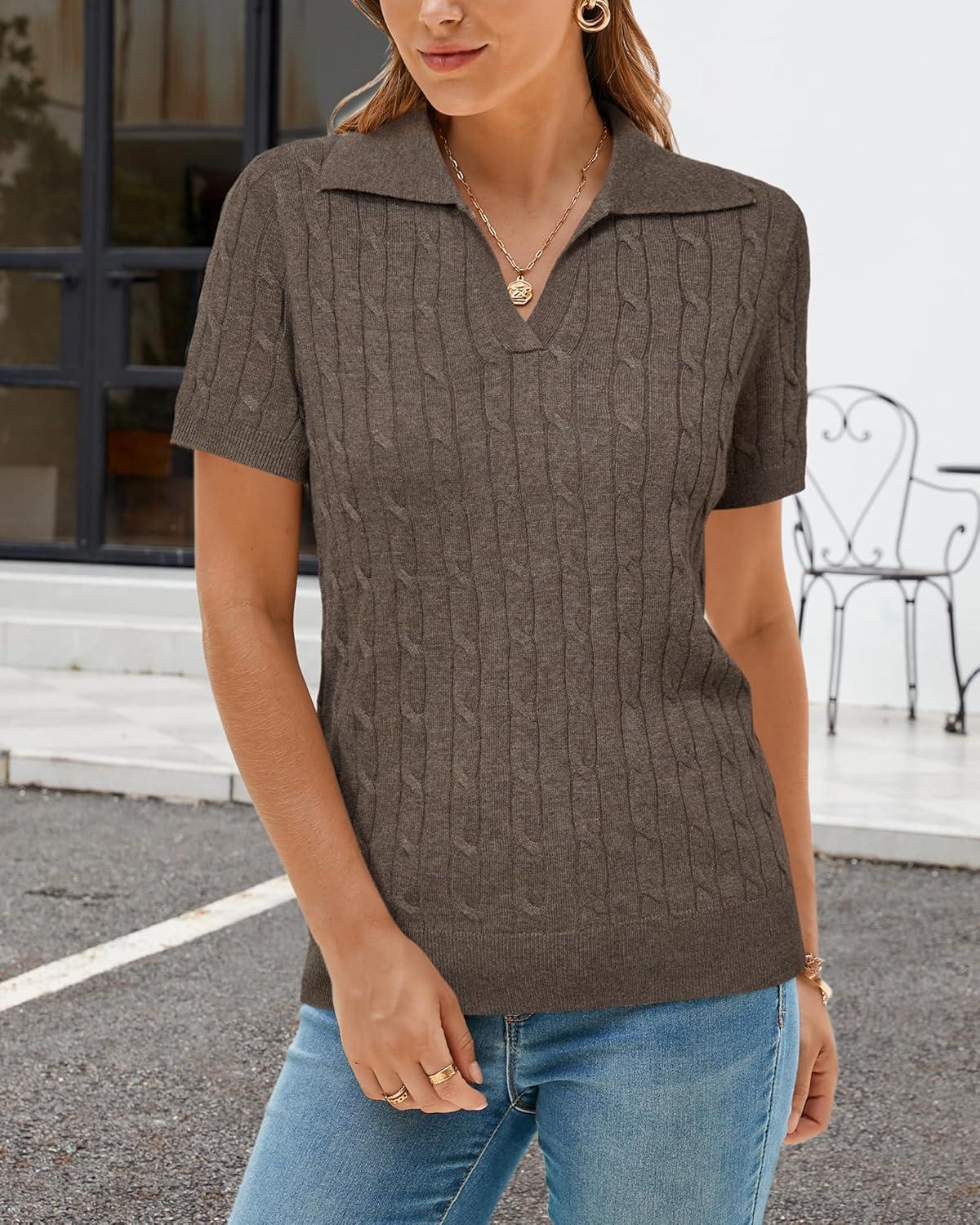 imageArachampampCloz Womens Wool Blend Summer Fall Tops Business Casual Polo Shirts 2025Cable Knitcoffee