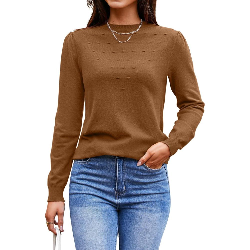 imageArachampampCloz 2024 Fall Sweaters Long Puff Sleeve Tops Crew Neck Special Dots Trendy Casual Lightweight Pullover Clothes OutfitsCamel