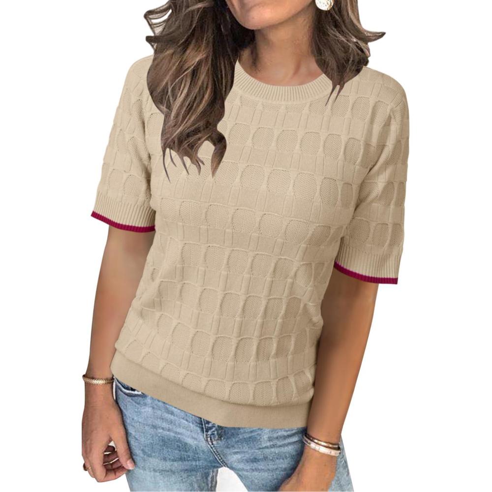 imageArachampampCloz Womens Summer Fall Lightweight Tops Short Sleeve Dressy BlouseApricot and Dark Red