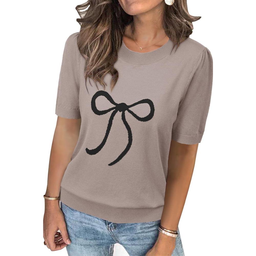 imageArachampampCloz Womens Summer Fall Lightweight Tops Short Sleeve Dressy BlouseApricotblack Bow