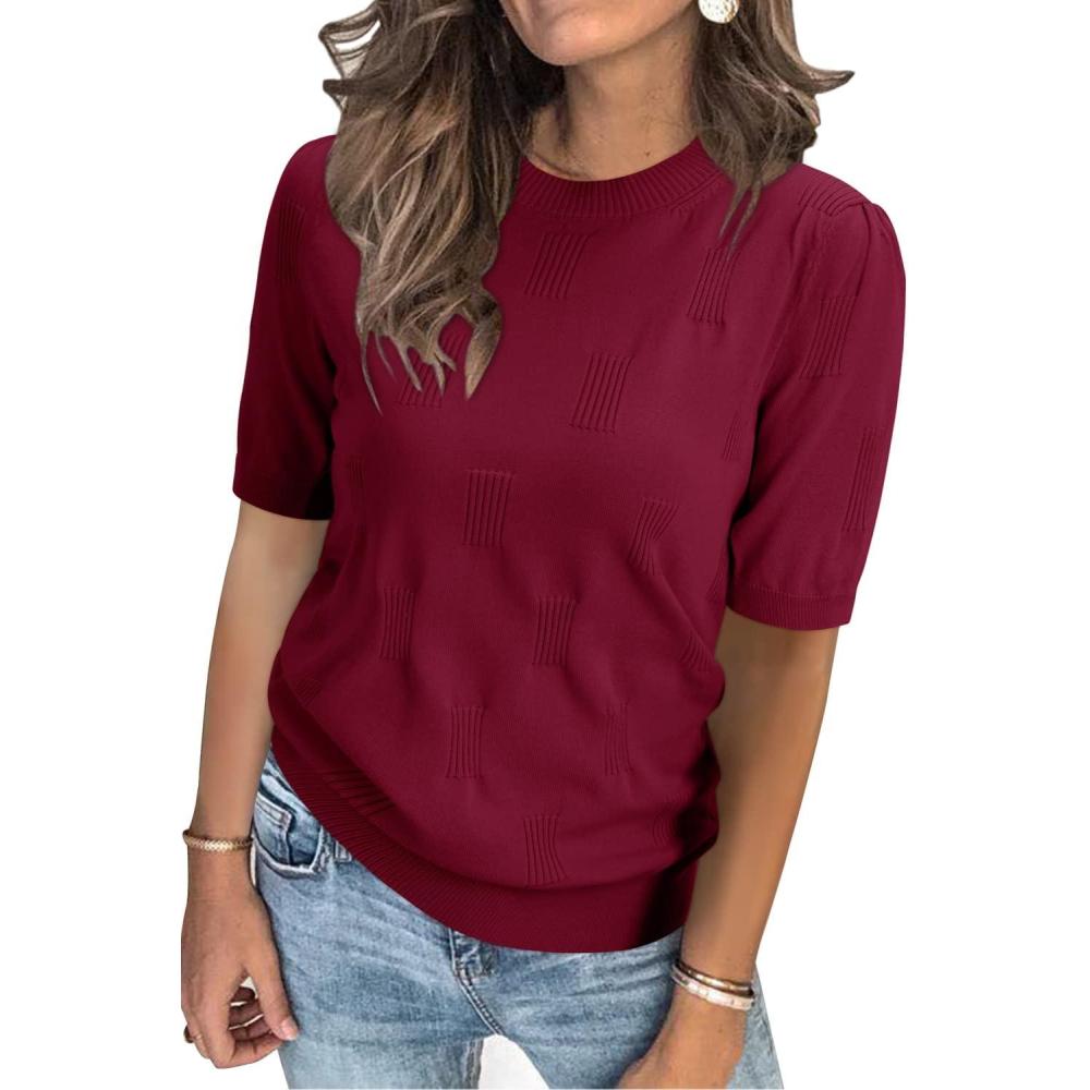 imageArachampampCloz Womens Summer Fall Lightweight Tops Short Sleeve Dressy BlouseBurgundy