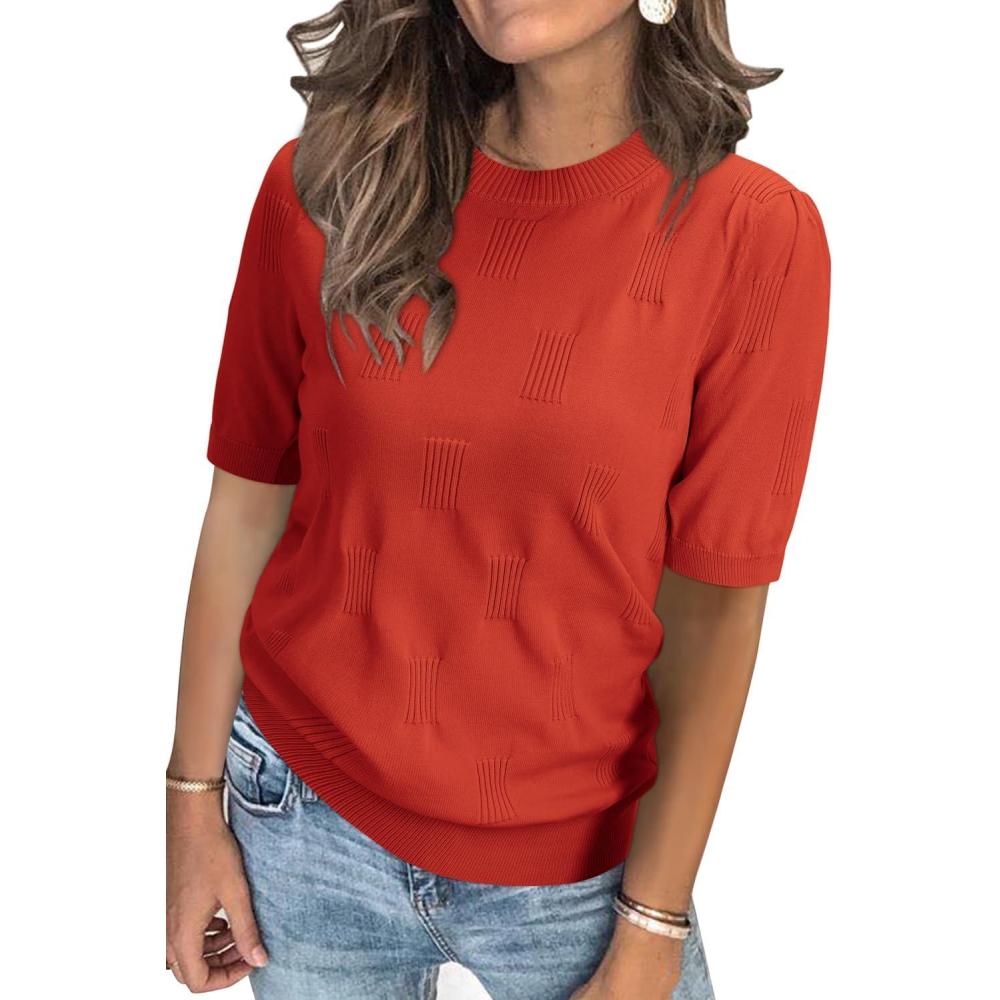 imageArachampampCloz Womens Summer Fall Lightweight Tops Short Sleeve Dressy BlouseRust