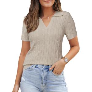 imageArachampampCloz Womens Wool Blend Summer Fall Tops Business Casual Polo Shirts 2025Cable Knitapricot