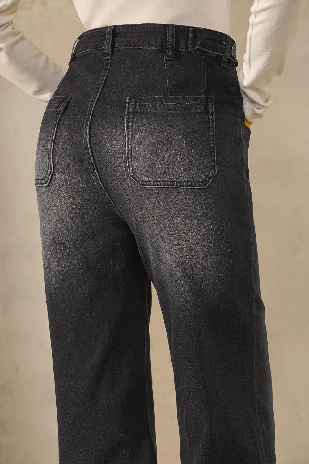 imageArachampampCloz Womens Denim Adjustable Waist Buttons High Waisted Wide Leg Jeans 2025Black