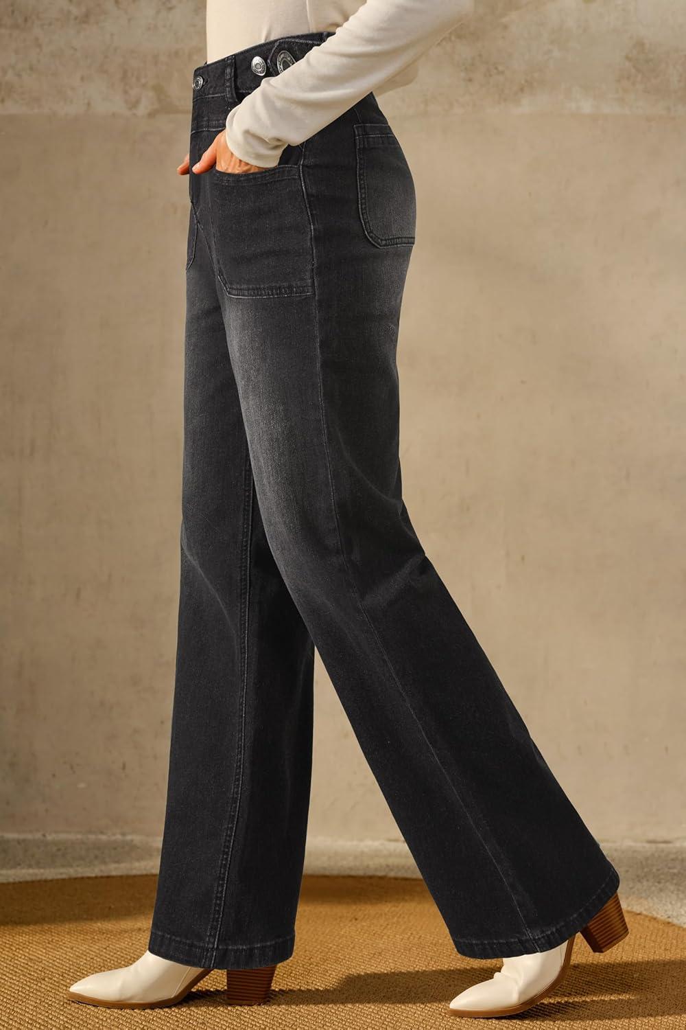 imageArachampampCloz Womens Denim Adjustable Waist Buttons High Waisted Wide Leg Jeans 2025Black