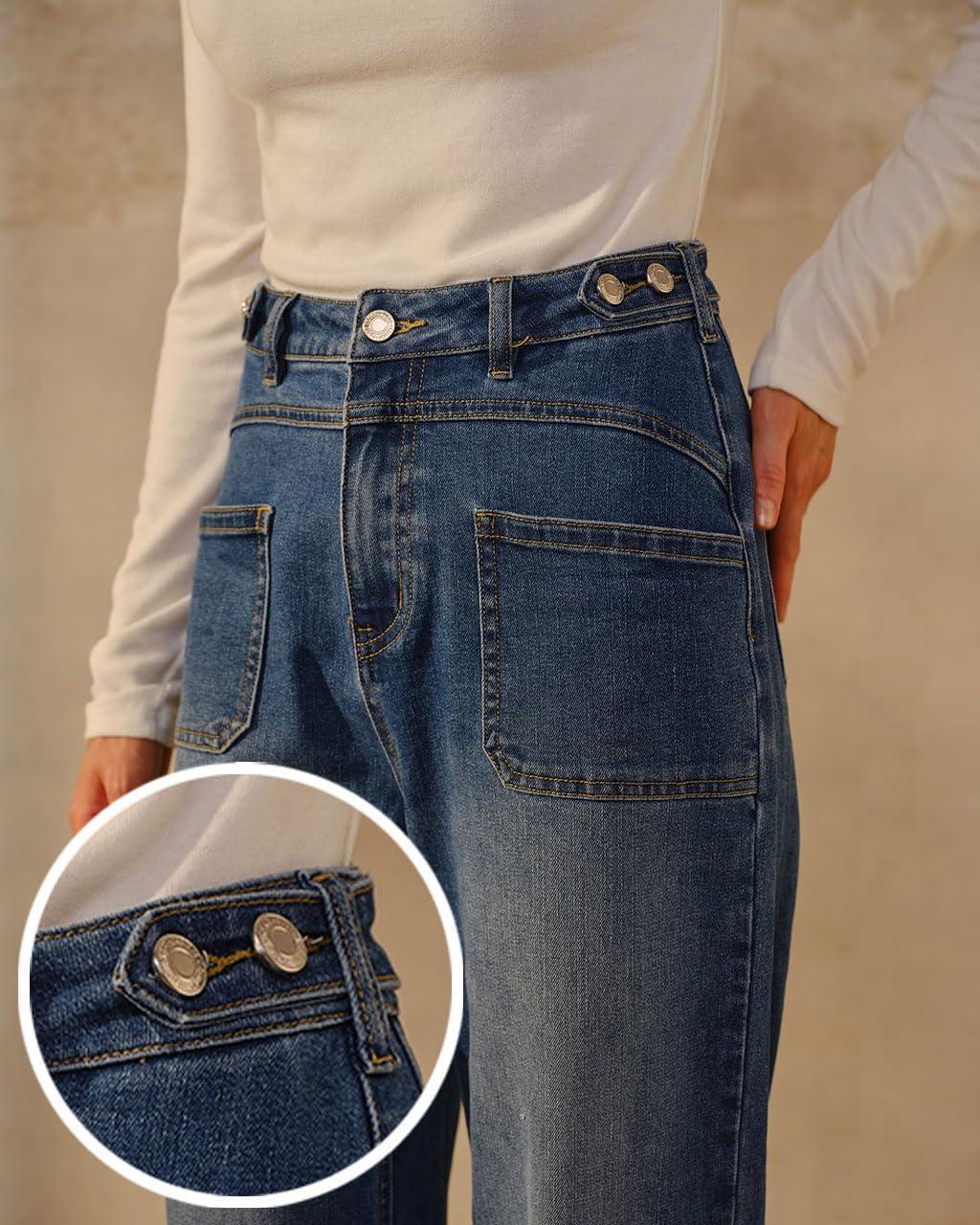 imageArachampampCloz Womens Denim Adjustable Waist Buttons High Waisted Wide Leg Jeans 2025Black