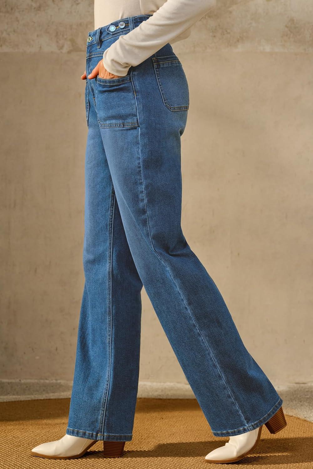 imageArachampampCloz Womens Denim Adjustable Waist Buttons High Waisted Wide Leg Jeans 2025Blue