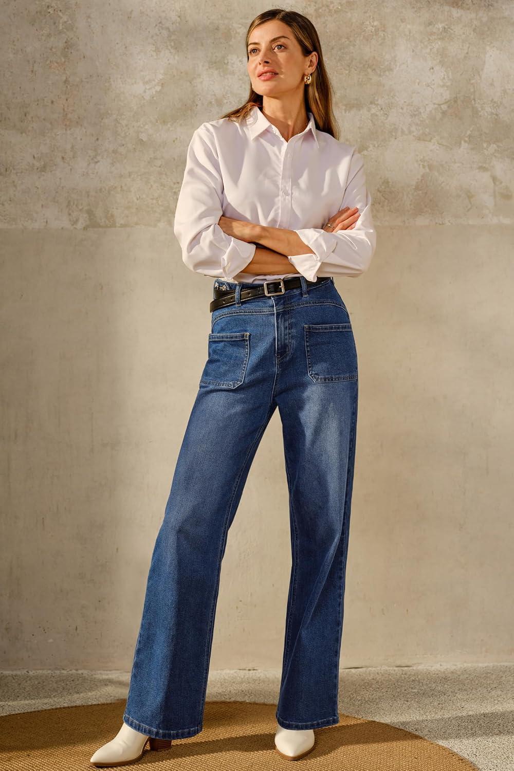 imageArachampampCloz Womens Denim Adjustable Waist Buttons High Waisted Wide Leg Jeans 2025Dark Blue