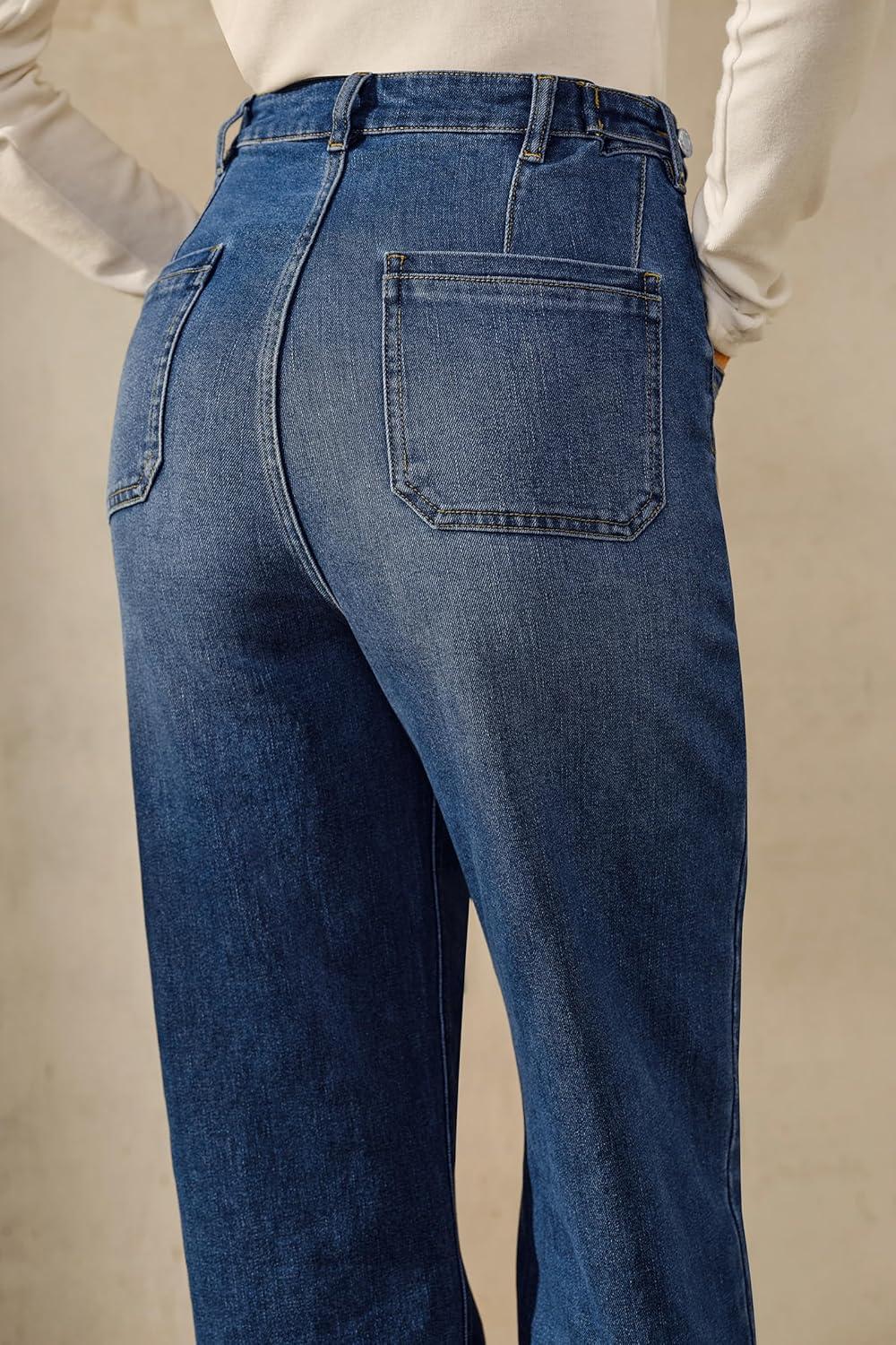 imageArachampampCloz Womens Denim Adjustable Waist Buttons High Waisted Wide Leg Jeans 2025Dark Blue