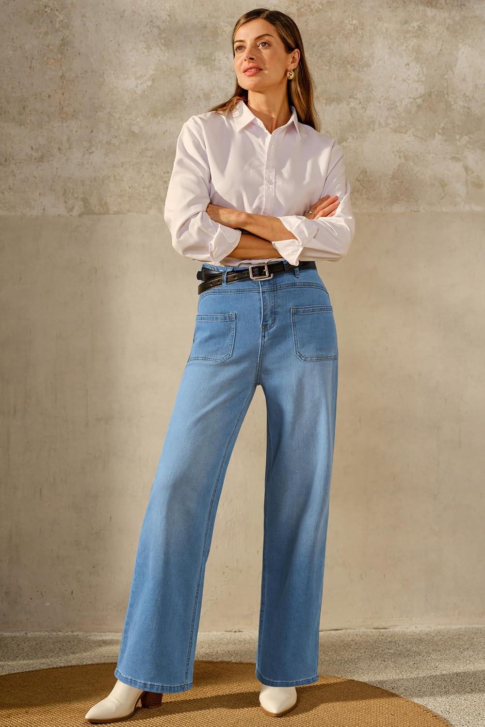 imageArachampampCloz Womens Denim Adjustable Waist Buttons High Waisted Wide Leg Jeans 2025Light Blue