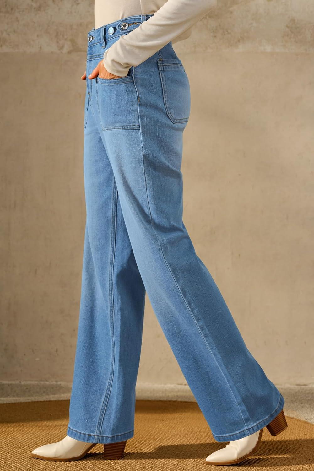 imageArachampampCloz Womens Denim Adjustable Waist Buttons High Waisted Wide Leg Jeans 2025Light Blue