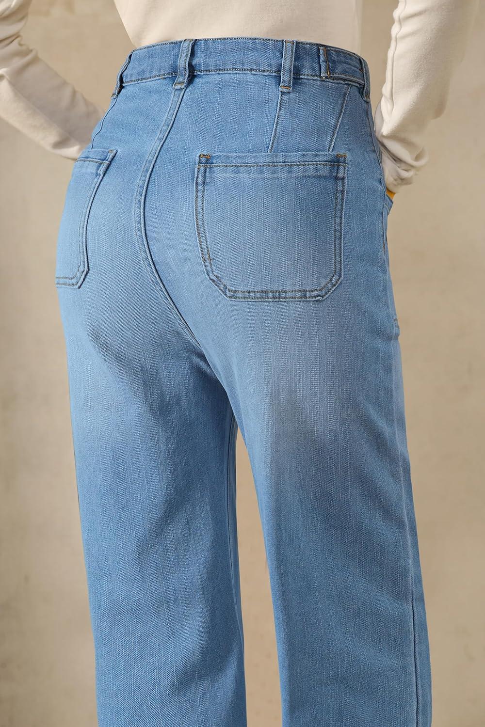 imageArachampampCloz Womens Denim Adjustable Waist Buttons High Waisted Wide Leg Jeans 2025Light Blue