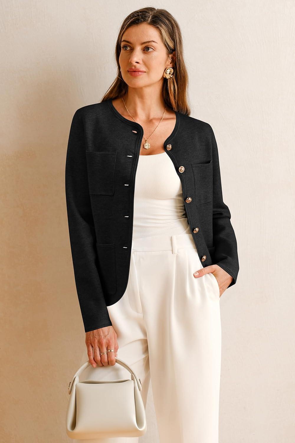 imageArachampampCloz Womens Wool Blend Fall Button Down Business Casual Blazers Jacket with Pockets 2025Black