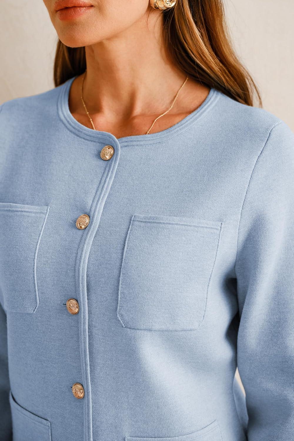 imageArachampampCloz Womens Wool Blend Fall Button Down Business Casual Blazers Jacket with Pockets 2025Blue