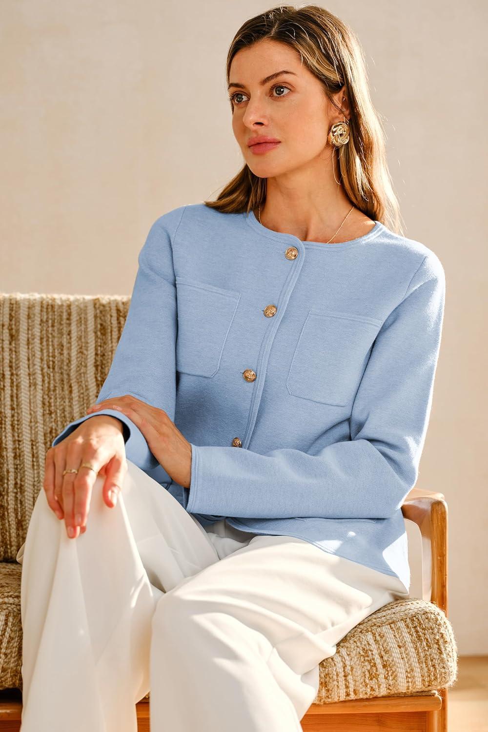 imageArachampampCloz Womens Wool Blend Fall Button Down Business Casual Blazers Jacket with Pockets 2025Blue