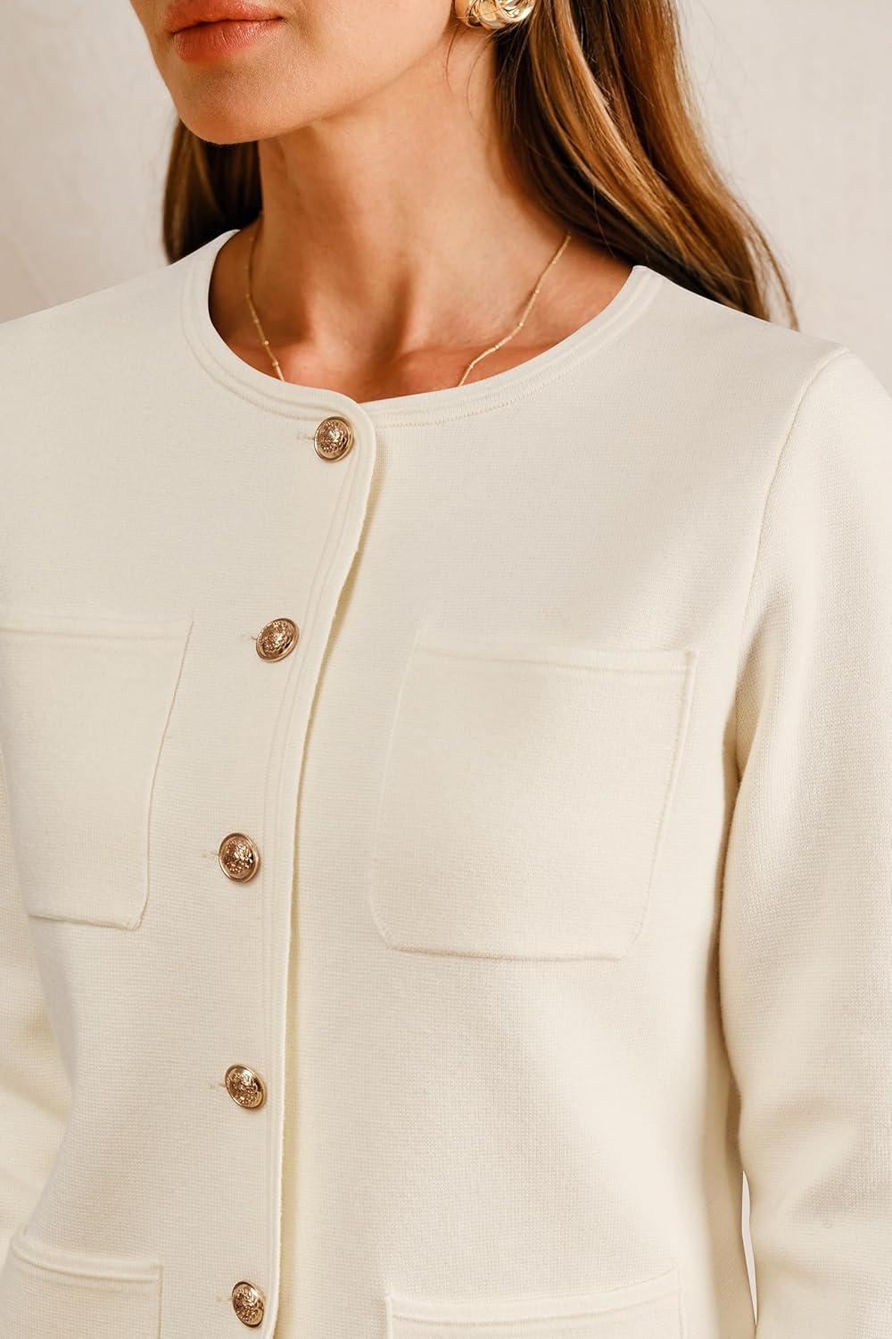 imageArachampampCloz Womens Wool Blend Fall Button Down Business Casual Blazers Jacket with Pockets 2025White