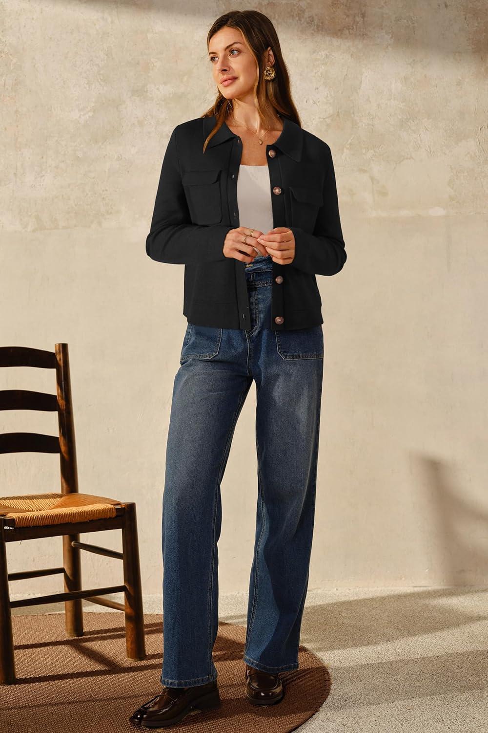 imageArachampampCloz Womens Wool Blend Fall Fashion Button Down Cropped Jacket Shackets 2025Black