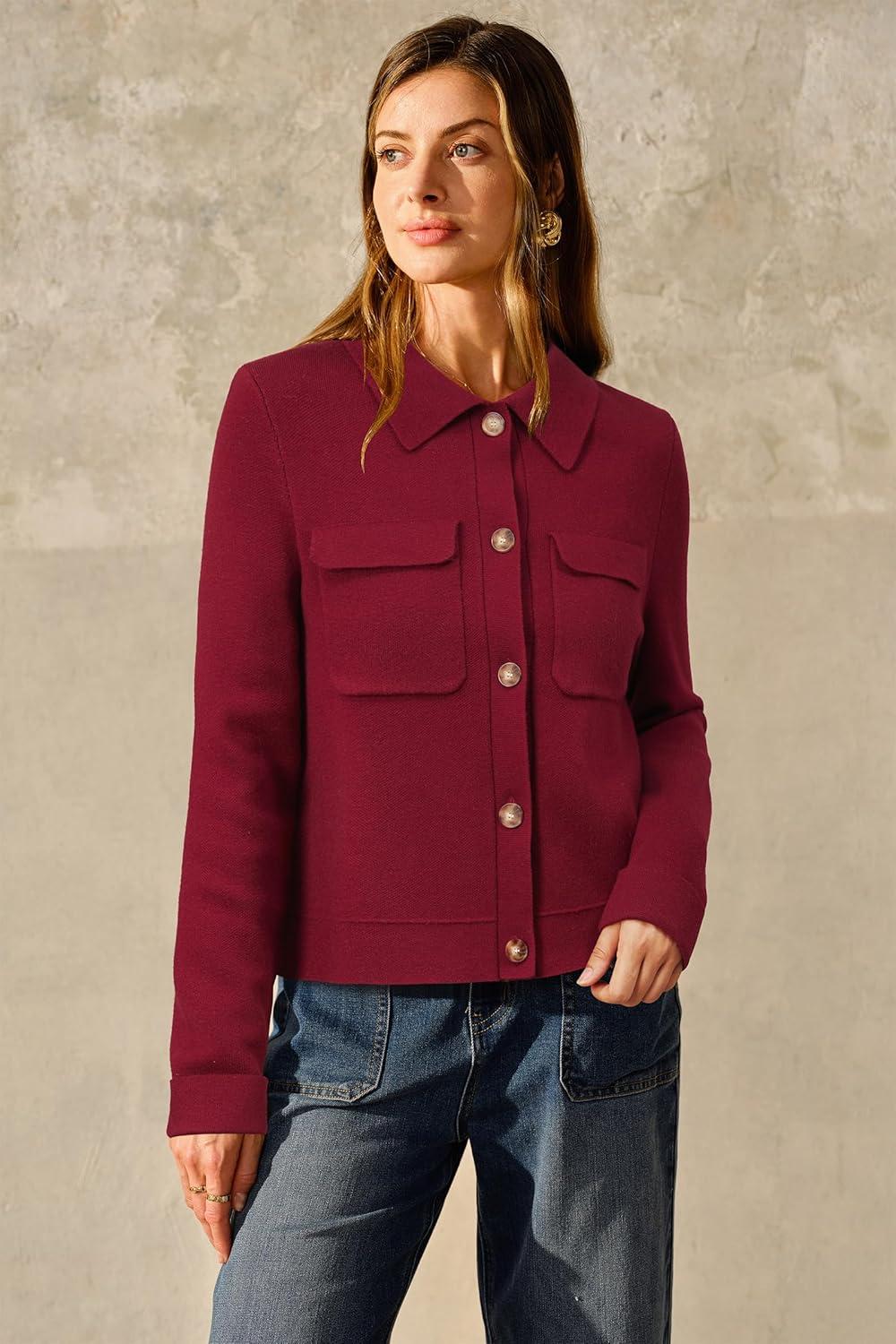 imageArachampampCloz Womens Wool Blend Fall Fashion Button Down Cropped Jacket Shackets 2025Red