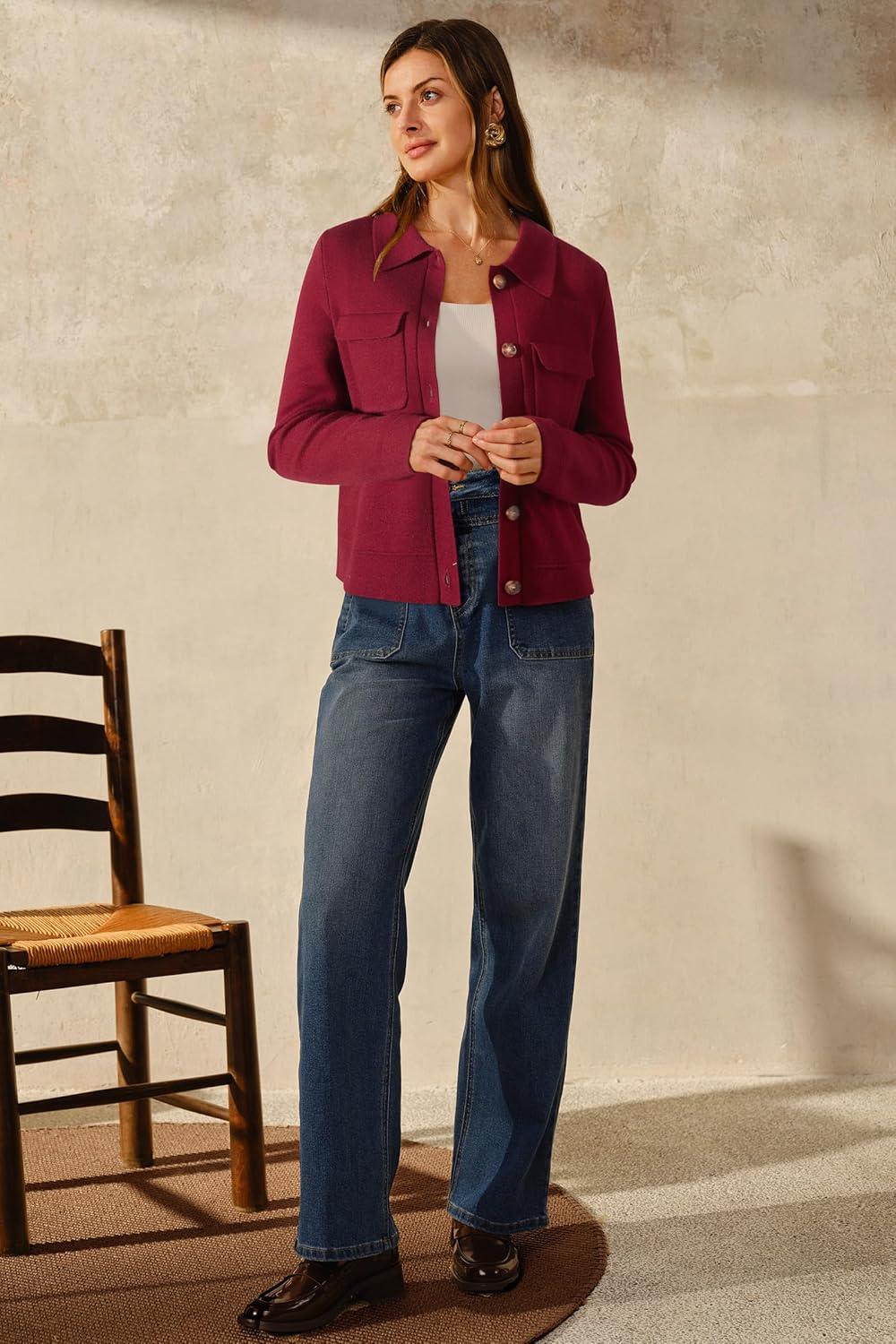 imageArachampampCloz Womens Wool Blend Fall Fashion Button Down Cropped Jacket Shackets 2025Red