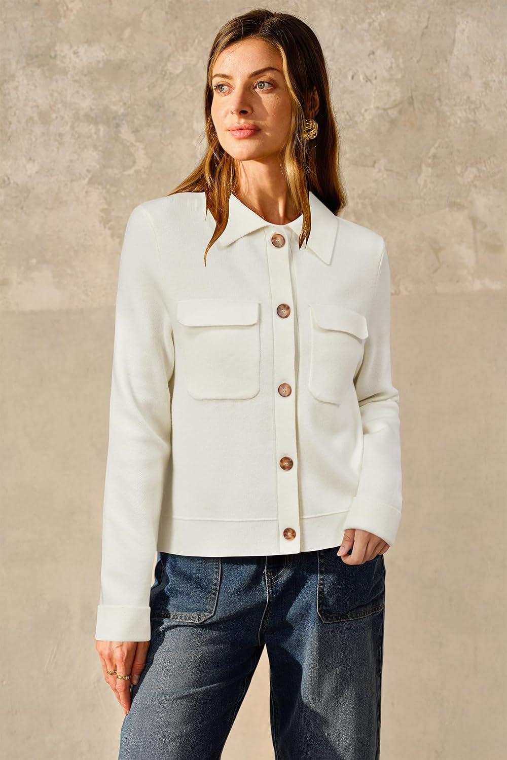 imageArachampampCloz Womens Wool Blend Fall Fashion Button Down Cropped Jacket Shackets 2025White