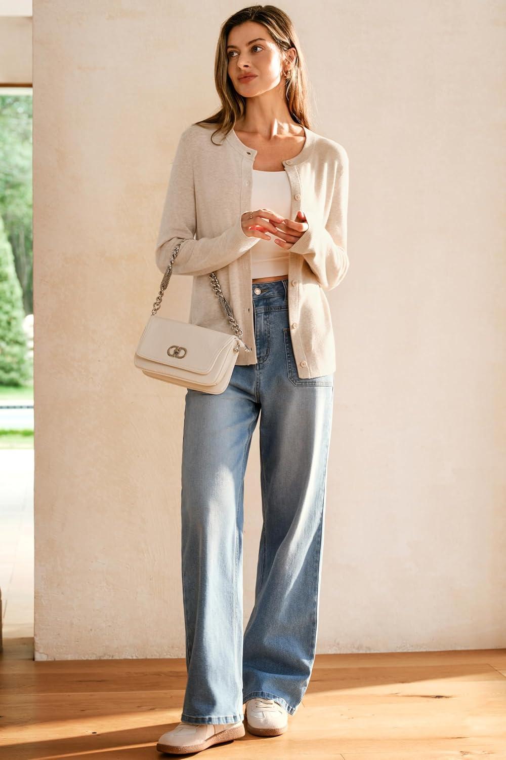 imageArachampampCloz Womens Wool Blended 2025 Fall Cardigan Sweaters Lightweight Long Sleeve Business Casual Outfits TopApricot