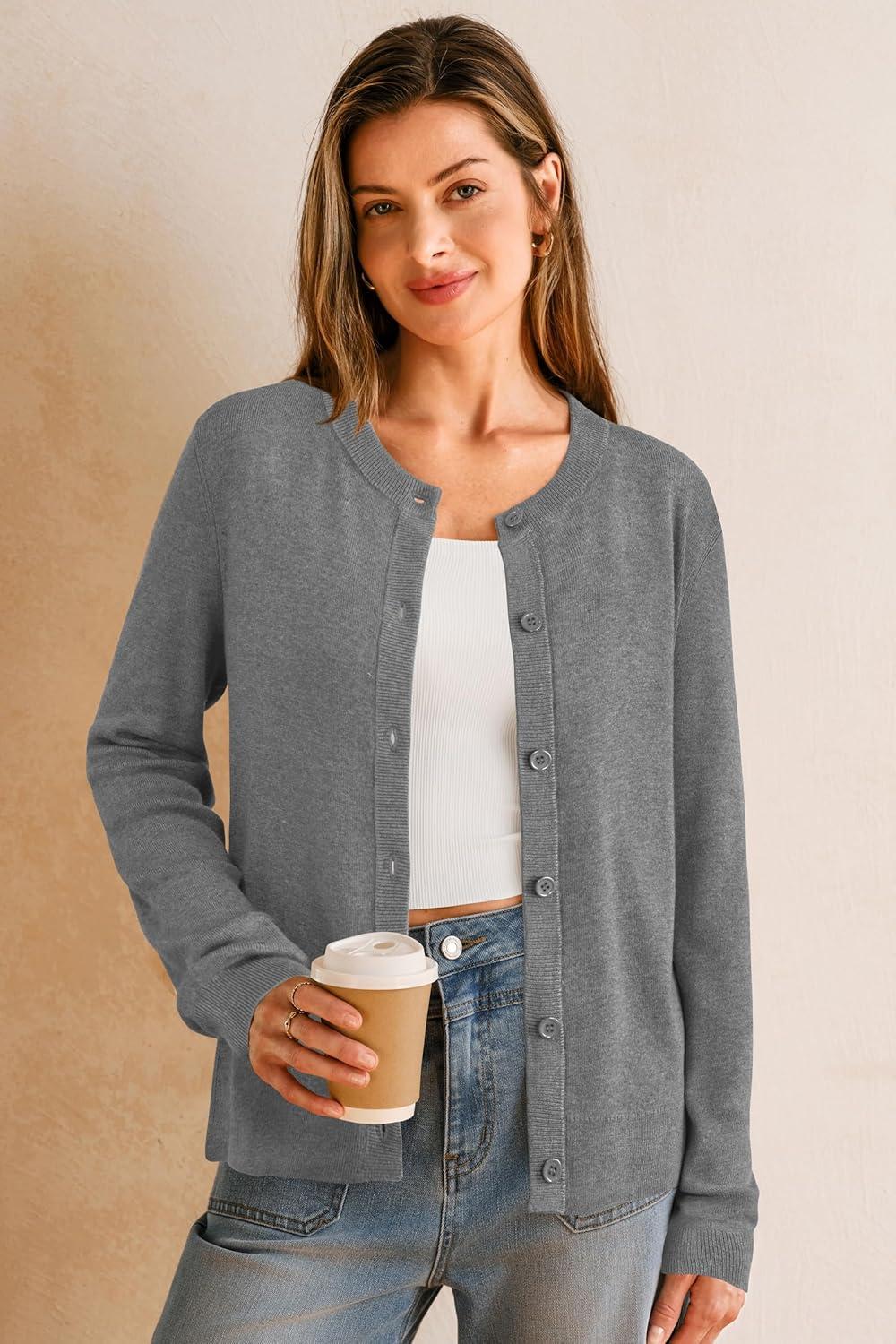 imageArachampampCloz Womens Wool Blended 2025 Fall Cardigan Sweaters Lightweight Long Sleeve Business Casual Outfits TopDark Gray