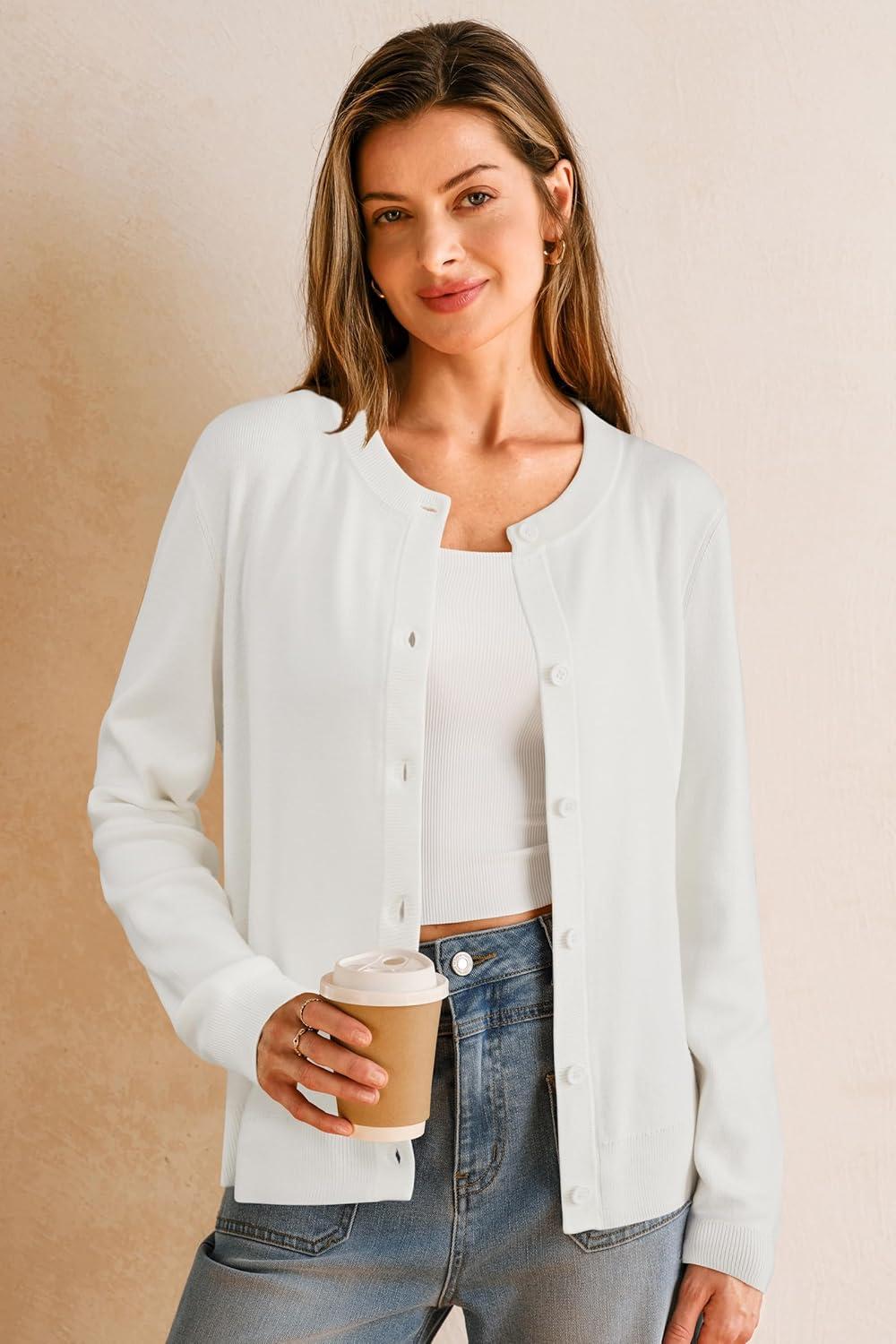 imageArachampampCloz Womens Wool Blended 2025 Fall Cardigan Sweaters Lightweight Long Sleeve Business Casual Outfits TopOffwhite