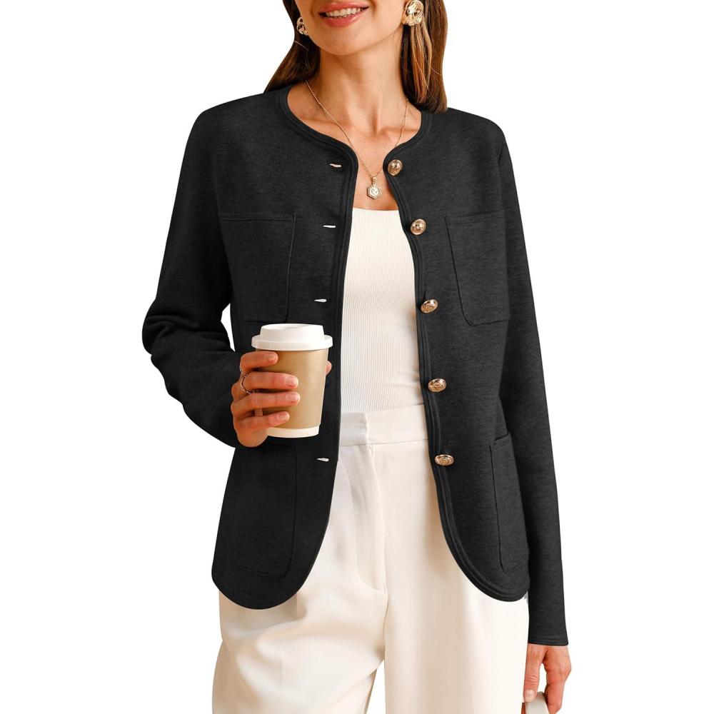 imageArachampampCloz Womens Wool Blend Fall Button Down Business Casual Blazers Jacket with Pockets 2025Black
