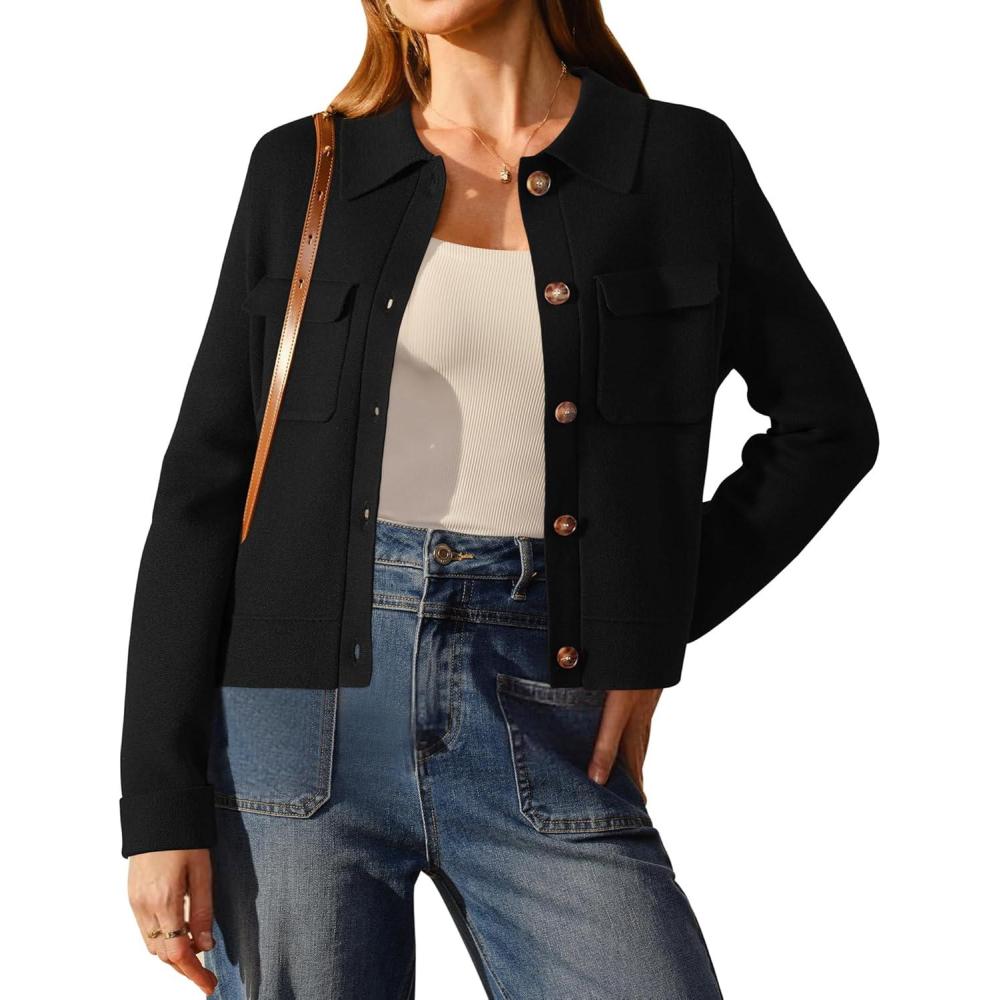 imageArachampampCloz Womens Wool Blend Fall Fashion Button Down Cropped Jacket Shackets 2025Black