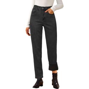 imageArachampampCloz Womens Thin Fleece Lined Jeans High Waisted Stretch Warm Straight Leg Pants 2025Black