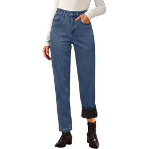 imageArachampampCloz Womens Thin Fleece Lined Jeans High Waisted Stretch Warm Straight Leg Pants 2025Blue