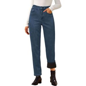 imageArachampampCloz Womens Thin Fleece Lined Jeans High Waisted Stretch Warm Straight Leg Pants 2025Dark Blue
