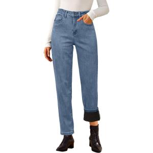 imageArachampampCloz Womens Thin Fleece Lined Jeans High Waisted Stretch Warm Straight Leg Pants 2025Light Blue