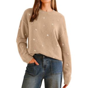 imageArachampampCloz Womens Wool Blend Embroidery Floral Oversized Fit Sweater Trendy 2025Apricot