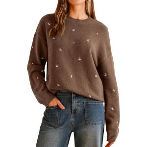 imageArachampampCloz Womens Wool Blend Embroidery Floral Oversized Fit Sweater Trendy 2025Chocolate Brown