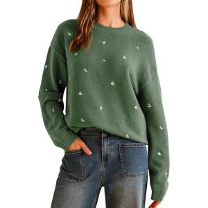 imageArachampampCloz Womens Wool Blend Embroidery Floral Oversized Fit Sweater Trendy 2025Green