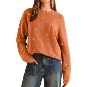 imageArachampampCloz Womens Wool Blend Embroidery Floral Oversized Fit Sweater Trendy 2025Orange