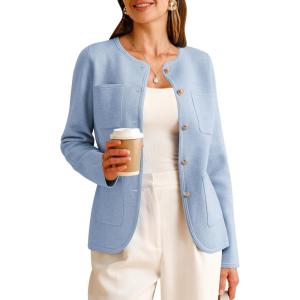 imageArachampampCloz Womens Wool Blend Fall Button Down Business Casual Blazers Jacket with Pockets 2025Blue
