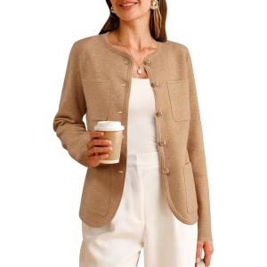 imageArachampampCloz Womens Wool Blend Fall Button Down Business Casual Blazers Jacket with Pockets 2025Brown