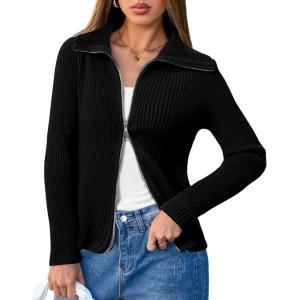 imageArachampampCloz Womens Wool Blend Fall Zip Up Lapel Neck Business Cardigan Sweaters 2025Black