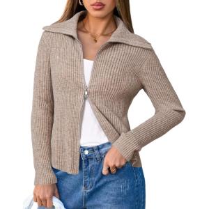 imageArachampampCloz Womens Wool Blend Fall Zip Up Lapel Neck Business Cardigan Sweaters 2025Coffee
