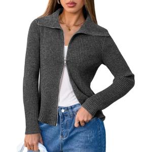 imageArachampampCloz Womens Wool Blend Fall Zip Up Lapel Neck Business Cardigan Sweaters 2025Dark Gray