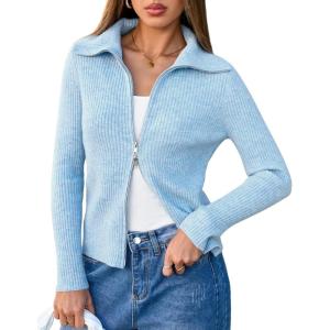 imageArachampampCloz Womens Wool Blend Fall Zip Up Lapel Neck Business Cardigan Sweaters 2025Pale Blue