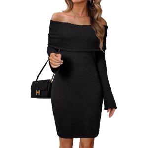 imageArachampampCloz Womens Wool Blend Long Sleeve Off Shoulder Sweater Dresses 2025Black