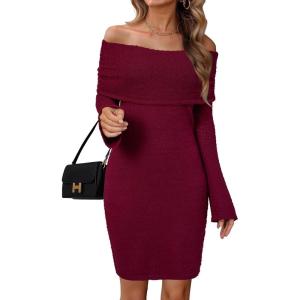imageArachampampCloz Womens Wool Blend Long Sleeve Off Shoulder Sweater Dresses 2025Burgundy Red
